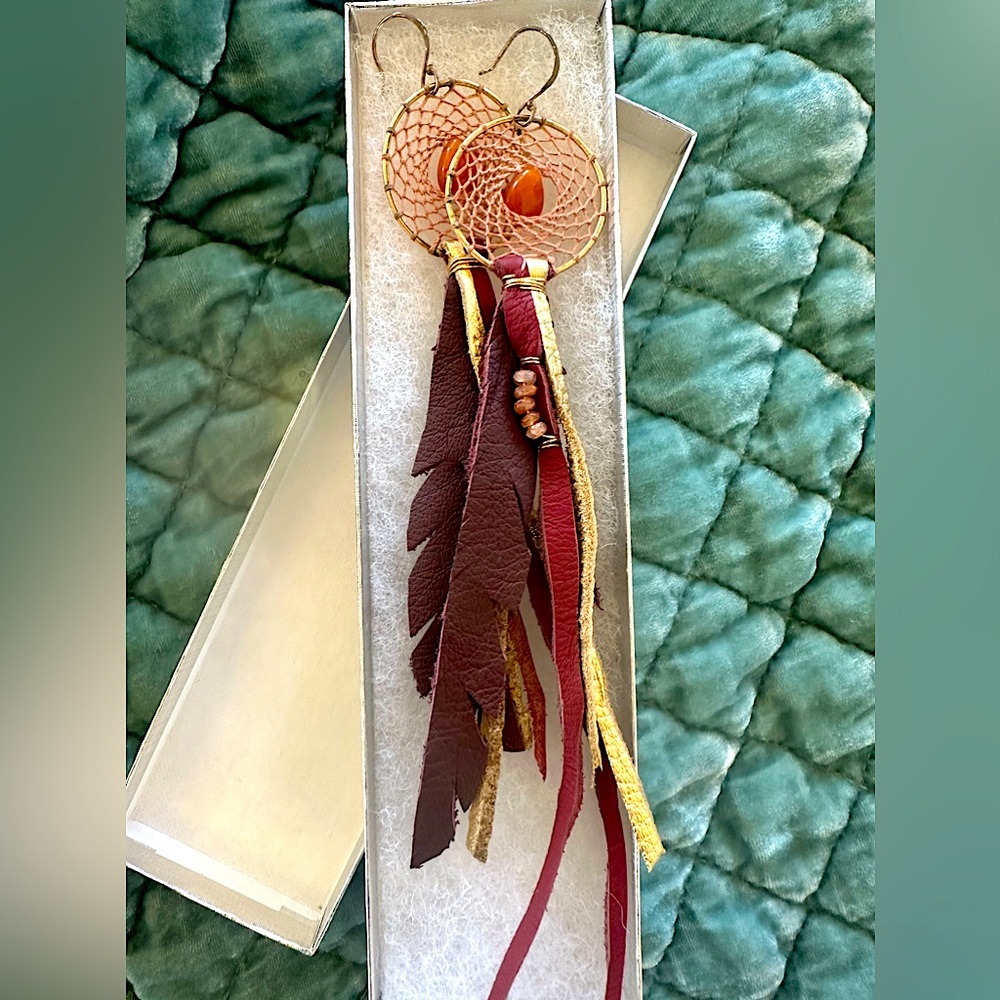 Dreamcatcher Leather & Carnelian earrings